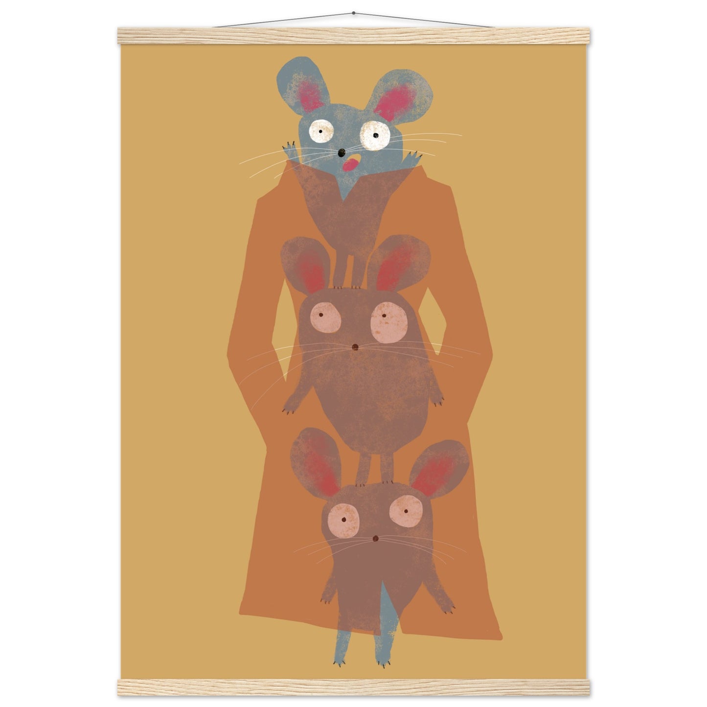 DIN A1 Poster mit magnetischen Holzleisten zum Aufhängen, abgebildet ist eine Illustration von drei grauen Mäusen im Trenchcoat.