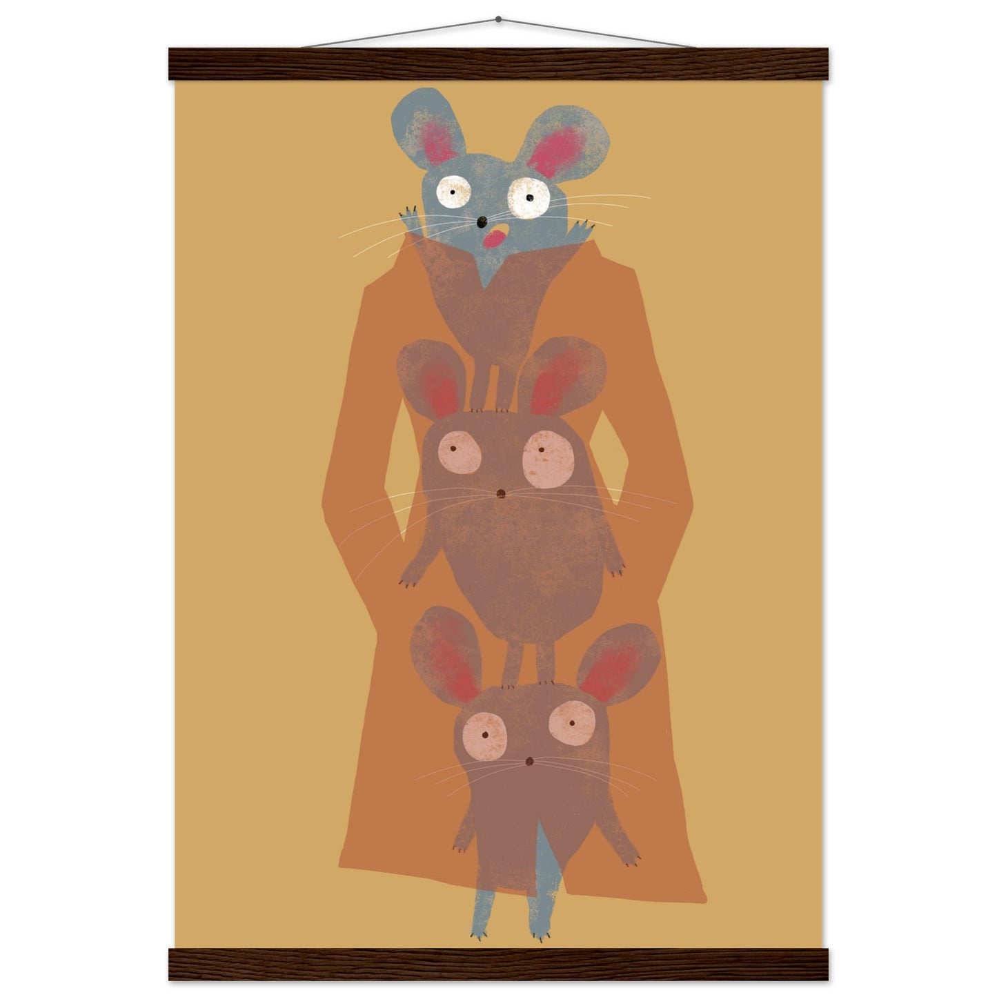DIN A2 Poster mit magnetischen Holzleisten zum Aufhängen, abgebildet ist eine Illustration von drei grauen Mäusen im Trenchcoat.