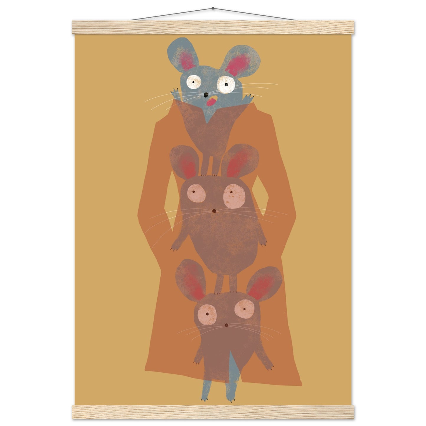 DIN A2 Poster mit magnetischen Holzleisten zum Aufhängen, abgebildet ist eine Illustration von drei grauen Mäusen im Trenchcoat.
