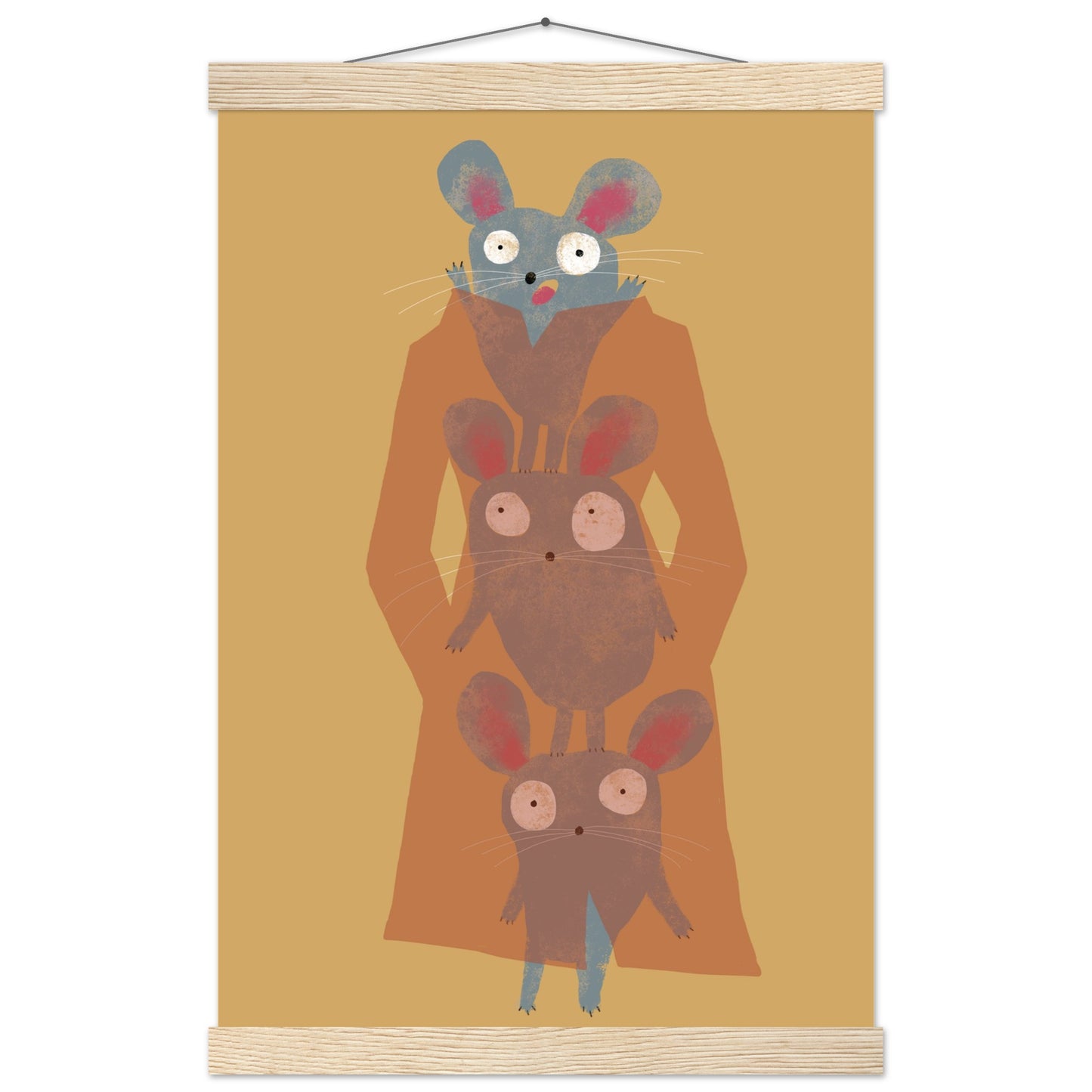 Poster im Format 30x45 cm mit magnetischen Leisten aus hellem Holz zum Aufhängen, abgebildet ist eine Illustration von drei grauen Mäusen im Trenchcoat.