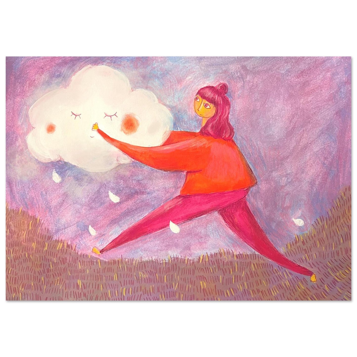 Print ohne Rahmen einer handgezeichneten Illustration einer Frau, die eine weiße friedliche Regenwolke trägt. Die Farben sind Rot, Lila und Pink. Auch gut geeignet als Kinderzimmerdekoration.