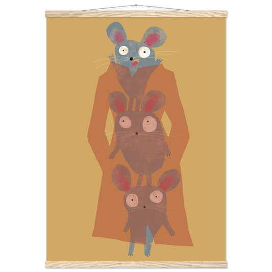 DIN A1 Poster mit magnetischen Holzleisten zum Aufhängen, abgebildet ist eine Illustration von drei grauen Mäusen im Trenchcoat.