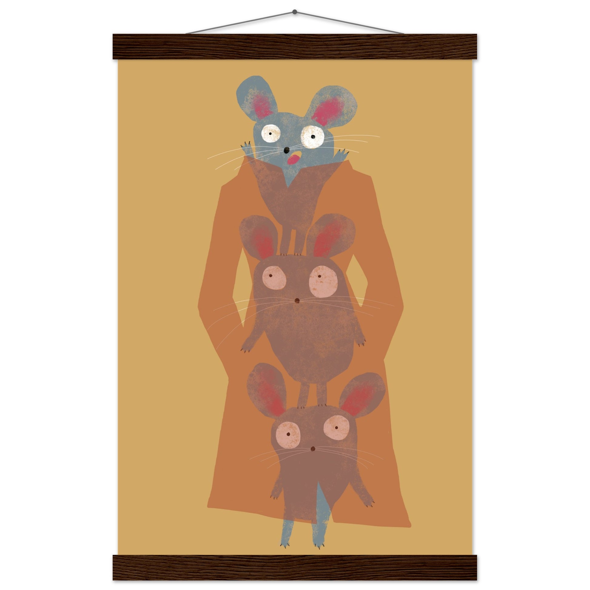 Poster im Format  30x45 cm mit magnetischen Leisten aus dunklem Holz zum Aufhängen, abgebildet ist eine Illustration von drei grauen Mäusen im Trenchcoat.