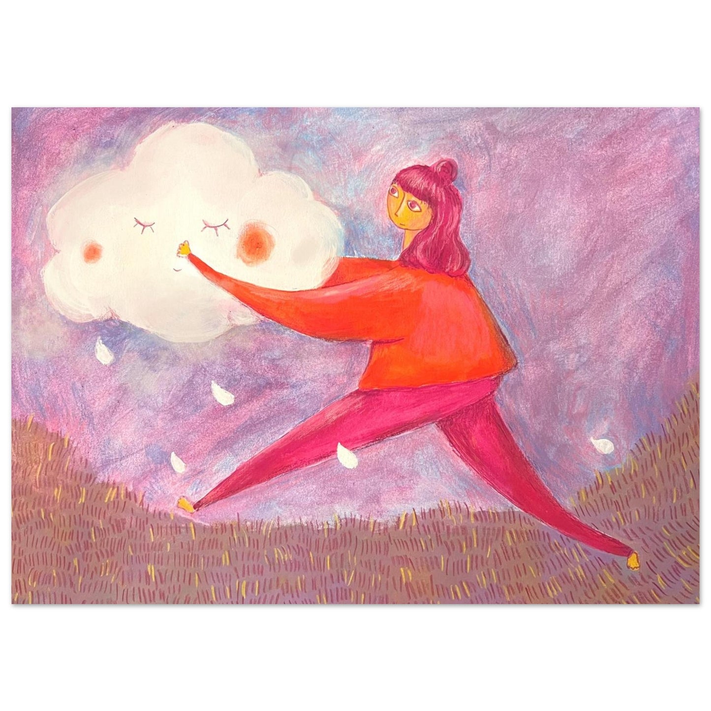 Illustration einr Frau, die eine friedliche Regenwolke trägt in Lila-, Rosa- und Rottönen.