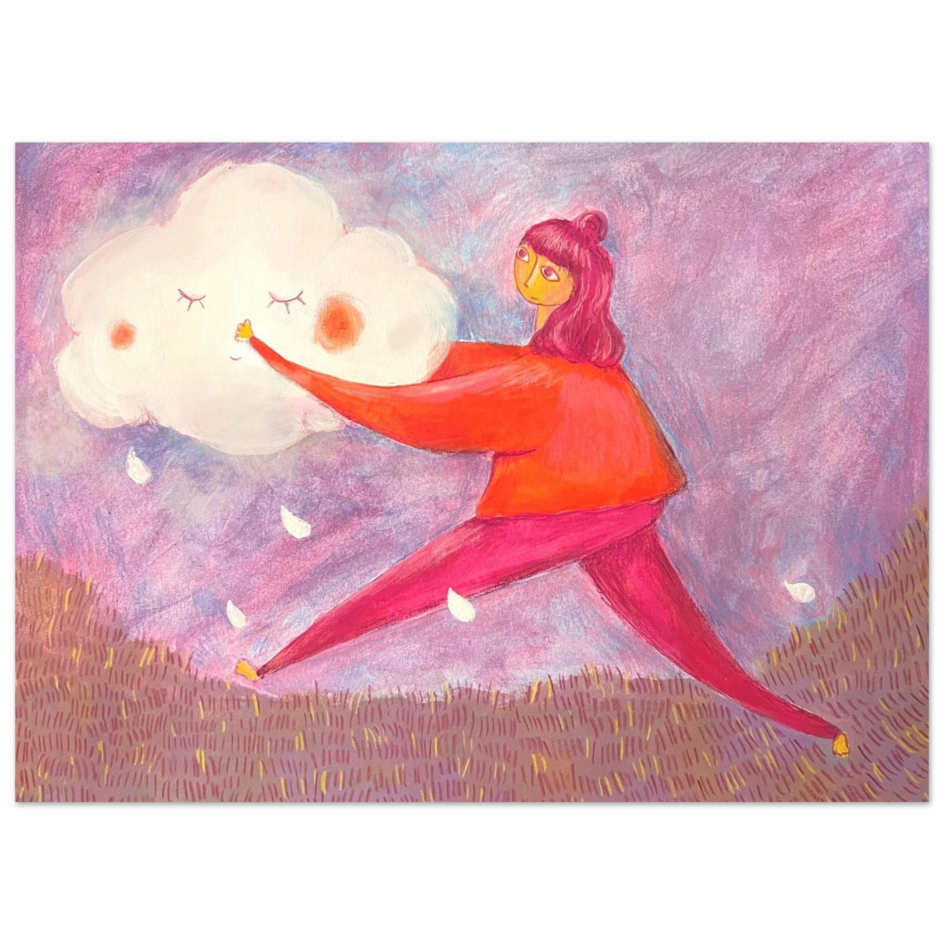 Illustration einr Frau, die eine friedliche Regenwolke trägt in Lila-, Rosa- und Rottönen.