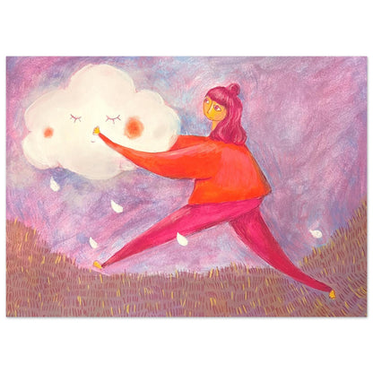 Illustration einr Frau, die eine friedliche Regenwolke trägt in Lila-, Rosa- und Rottönen.