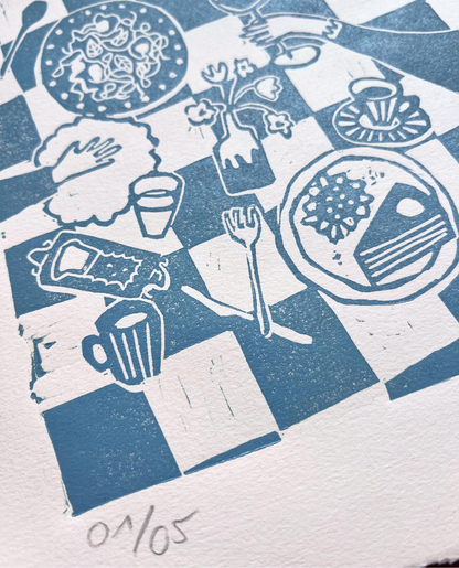 essen mit freunden — linoldruck