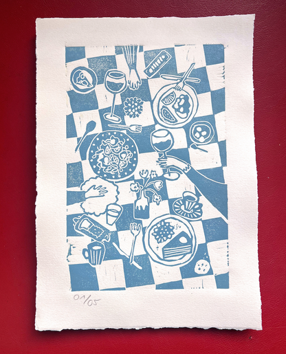 essen mit freunden — linoldruck