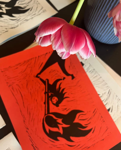 flammenmädchen – handgefertigter linoldruck