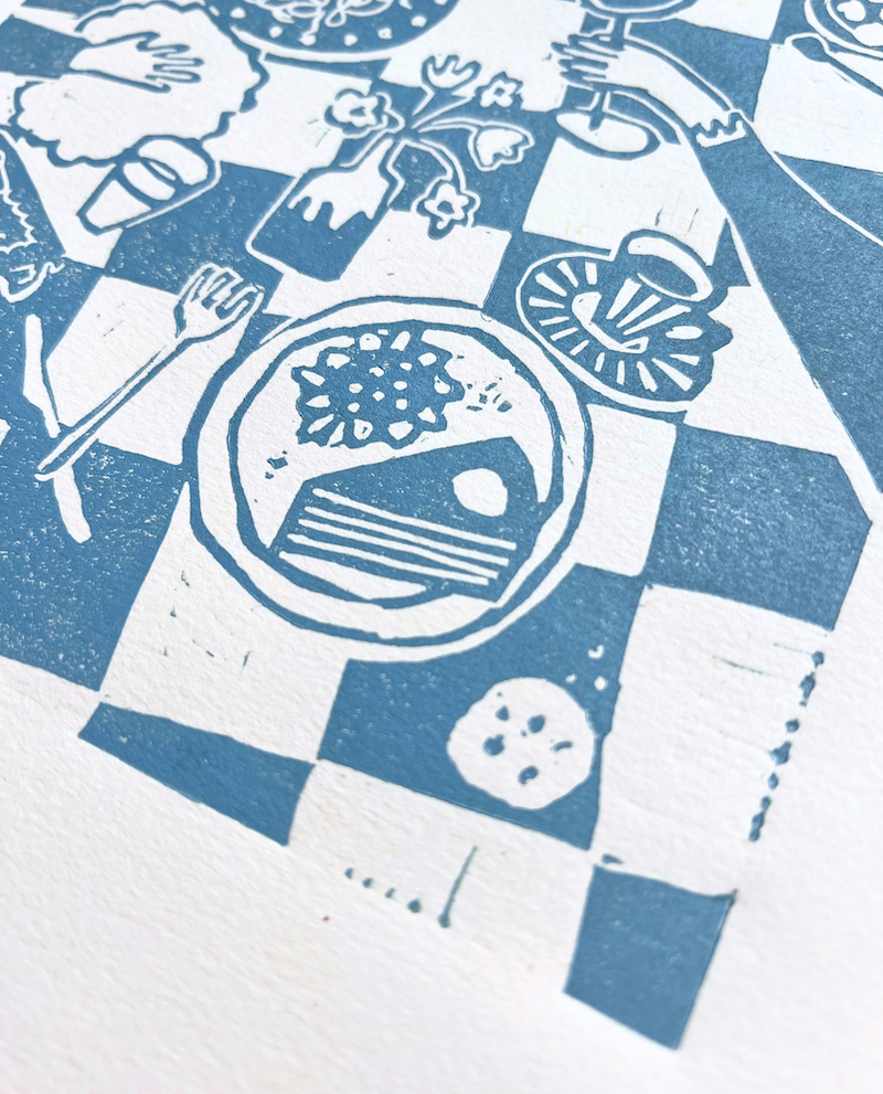 essen mit freunden — linoldruck