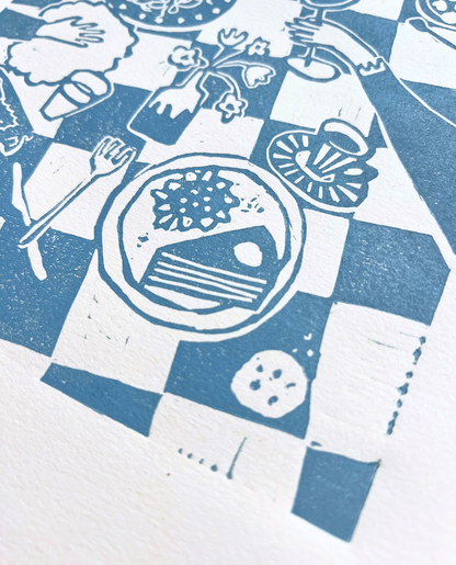 essen mit freunden — linoldruck