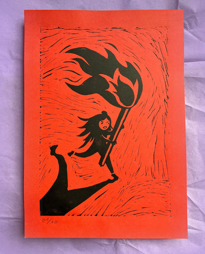 flammenmädchen – handgefertigter linoldruck