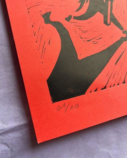 flammenmädchen – handgefertigter linoldruck