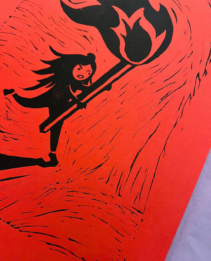 flammenmädchen – handgefertigter linoldruck