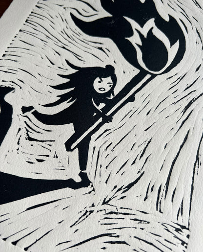 flammenmädchen – handgefertigter linoldruck