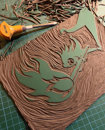 flammenmädchen – handgefertigter linoldruck