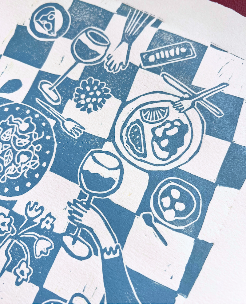 essen mit freunden — linoldruck