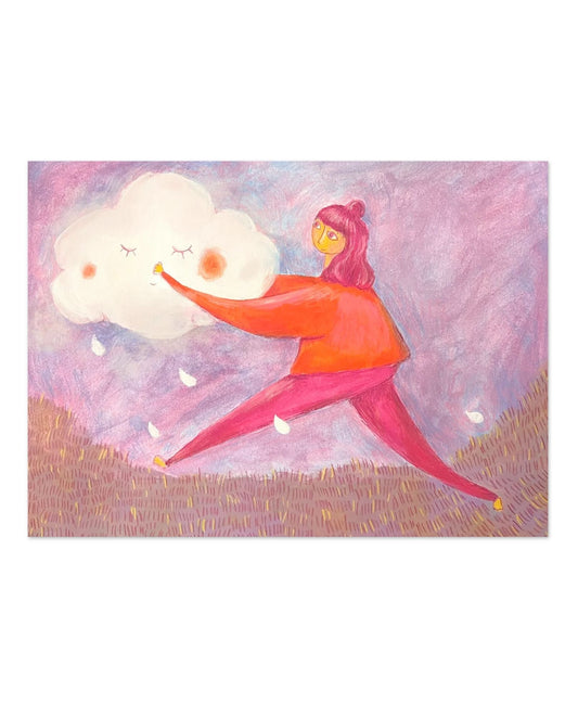 Poster einer handgezeichnete Illustration einer Frau, die eine Regenwolke trägt in rot pink und lila 